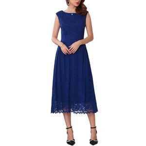 Wedding Guest Lace Boat Neck Vintage Formal Cocktail Midi Dress Dark Blue